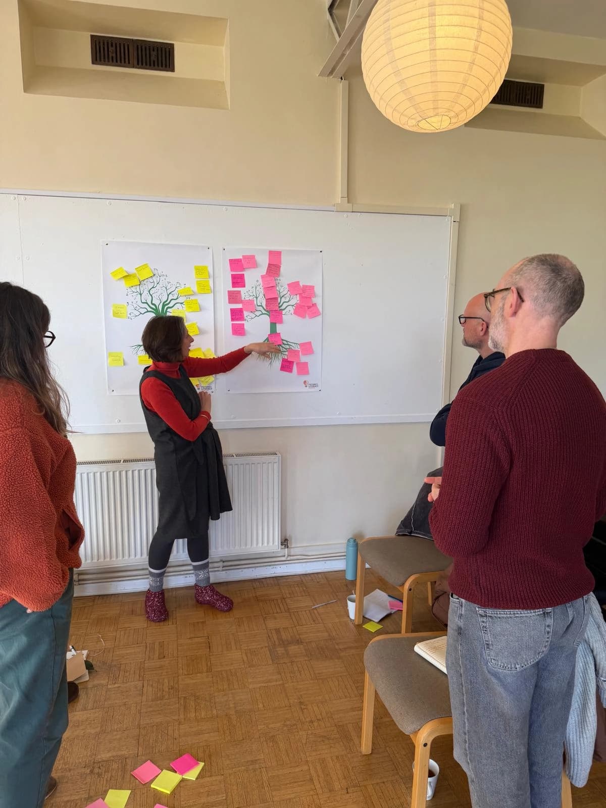 Participants collaborating on a workshop activity with sticky notes at Hawkwood